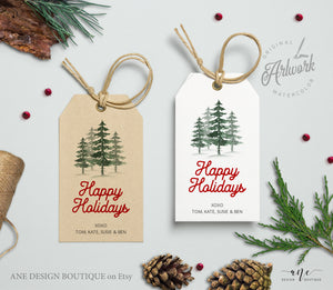 Pine Tree Woods Gift Tag Template, Holiday Printable Tag, Original Watercolor, Happy Holidays Gift Label, Fully Editable, Instant Download