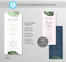 Load image into Gallery viewer, Tropical Wedding Program Template, Printable Order of Service, Beach Wedding, Palm Leaf Monstera Original Artwork,100% Editable Download 002