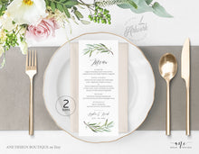 Load image into Gallery viewer, Greenery Wedding Menu Program Template, Watercolor Willow Eucalyptus Printable Dinner Menu Card, Bridal Shower, Fully Editable Download 008