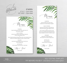 Load image into Gallery viewer, Tropical Wedding Menu Printable Template, Beach Dinner Menu Card for Bridal Baby Shower, Palm Monstera Leaves, 100% Editable, DIY, Download 002