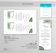 Load image into Gallery viewer, Tropical Wedding Menu Printable Template, Beach Dinner Menu Card for Bridal Baby Shower, Palm Monstera Leaves, 100% Editable, DIY, Download 002