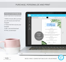 Load image into Gallery viewer, Tropical Wedding Menu Printable Template, Beach Dinner Menu Card for Bridal Baby Shower, Palm Monstera Leaves, 100% Editable, DIY, Download 002