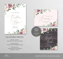 Load image into Gallery viewer, Mauve Floral Wedding Template BUNDLE, Eucalyptus & Roses, Invitation Set, Wedding Signs, Fully Editable, Instant Download, DIY, Templett 007