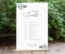 Load image into Gallery viewer, Gold Geometric Eucalyptus Wedding Program Sign Template, Editable Order of Service / Events, Wedding Timeline & Agenda, Ceremony Program 004