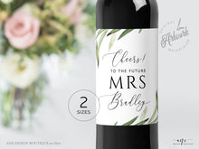 Load image into Gallery viewer, Greenery Bridal Wine Label Template, Watercolor Leaf, Boho Garden Wedding Shower sticker, Templett, Fully Editable, Printable, Download, 008