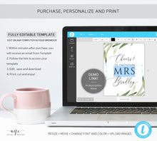 Load image into Gallery viewer, Greenery Bridal Wine Label Template, Watercolor Leaf, Boho Garden Wedding Shower sticker, Templett, Fully Editable, Printable, Download, 008