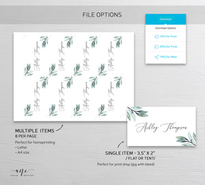 Eucalyptus Greenery Place Card Template, Boho, Garden, Printable Wedding Bridal Escort Card, 100% Editable Name Cards, Instant Download, 004
