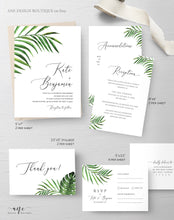 Load image into Gallery viewer, Tropical Wedding Invitation Suite Template, Palm Leaf Invite, Beach Wedding Invite Template, Editable, Printable, Instant Download 002
