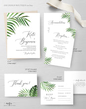 Load image into Gallery viewer, Tropical Wedding Invitation Suite Template, Palm Leaf Invite, Beach Wedding Invite Template, Editable, Printable, Instant Download 002