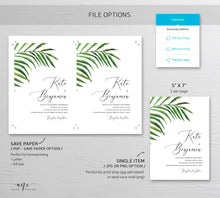 Load image into Gallery viewer, Tropical Wedding Invitation Suite Template, Palm Leaf Invite, Beach Wedding Invite Template, Editable, Printable, Instant Download 002