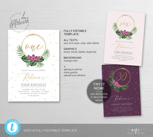 Load image into Gallery viewer, Tropical Birthday Invitation Template, Girl Birthday, Summer Beach Invite, Monstera & Plumeria, 100% Editable Printable Instant Download 002