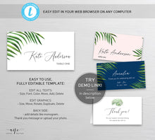 Load image into Gallery viewer, Tropical Place Card Template, Printable Wedding Bridal Escort Card, Editable Name Cards, Beach Palm Leaf Watercolor, Printable, Download 002