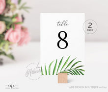 Load image into Gallery viewer, Tropical Table Numbers Template, Printable Wedding Table Seating Card, Beach Palm Leaf Greenery, Editable, Printable, Templett, Download 002