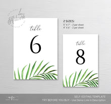 Load image into Gallery viewer, Tropical Table Numbers Template, Printable Wedding Table Seating Card, Beach Palm Leaf Greenery, Editable, Printable, Templett, Download 002