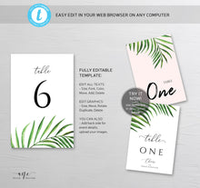 Load image into Gallery viewer, Tropical Table Numbers Template, Printable Wedding Table Seating Card, Beach Palm Leaf Greenery, Editable, Printable, Templett, Download 002