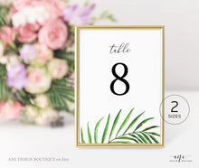Load image into Gallery viewer, Tropical Table Numbers Template, Printable Wedding Table Seating Card, Beach Palm Leaf Greenery, Editable, Printable, Templett, Download 002
