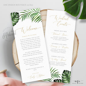 Tropical Wedding Bundle Printable Templates, Destination Beach Invitation Set, Monstera Palm Greenery Instant Download DIY Fully Editable Templett 002