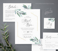Load image into Gallery viewer, Gold Geometric Greenery Wedding Invitation Set Template, Garden Boho Wedding, Dusty Blue, Eucalyptus, 100% Editable, Printable Download 004A