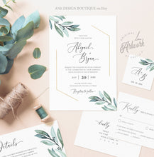Load image into Gallery viewer, Gold Geometric Greenery Wedding Invitation Set Template, Garden Boho Wedding, Dusty Blue, Eucalyptus, 100% Editable, Printable Download 004A
