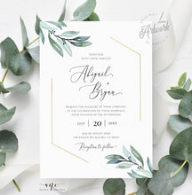 Load image into Gallery viewer, Gold Geometric Greenery Wedding Invitation Set Template, Garden Boho Wedding, Dusty Blue, Eucalyptus, 100% Editable, Printable Download 004A