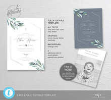 Load image into Gallery viewer, Eucalyptus Greenery Christening Invitation, Editable Template, Boy or Girl Baptism Invite, Neutral Silver Geometric, Printable, Download 004