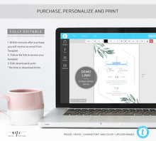 Load image into Gallery viewer, Eucalyptus Greenery Christening Invitation, Editable Template, Boy or Girl Baptism Invite, Neutral Silver Geometric, Printable, Download 004