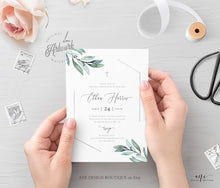 Load image into Gallery viewer, Eucalyptus Greenery Christening Invitation, Editable Template, Boy or Girl Baptism Invite, Neutral Silver Geometric, Printable, Download 004