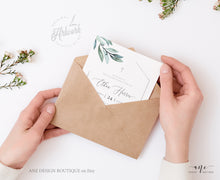 Load image into Gallery viewer, Eucalyptus Greenery Christening Invitation, Editable Template, Boy or Girl Baptism Invite, Neutral Silver Geometric, Printable, Download 004