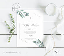 Load image into Gallery viewer, Eucalyptus Greenery Christening Invitation, Editable Template, Boy or Girl Baptism Invite, Neutral Silver Geometric, Printable, Download 004
