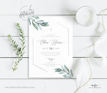 Load image into Gallery viewer, Eucalyptus Greenery Christening Invitation, Editable Template, Boy or Girl Baptism Invite, Neutral Silver Geometric, Printable, Download 004
