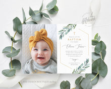 Load image into Gallery viewer, Photo Greenery Baptism Invitation Template, Announcement, Geometric Gold, Boy Girl Neutral Christening Invite, Editable Instant Download 004