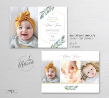 Load image into Gallery viewer, Photo Greenery Baptism Invitation Template, Announcement, Geometric Gold, Boy Girl Neutral Christening Invite, Editable Instant Download 004