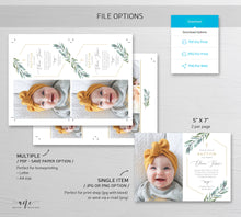 Load image into Gallery viewer, Photo Greenery Baptism Invitation Template, Announcement, Geometric Gold, Boy Girl Neutral Christening Invite, Editable Instant Download 004