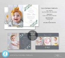Load image into Gallery viewer, Photo Greenery Baptism Invitation Template, Announcement, Geometric Gold, Boy Girl Neutral Christening Invite, Editable Instant Download 004