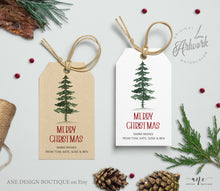 Load image into Gallery viewer, Pine Tree Christmas Gift Tag Template, Holiday Printable Favor Tag, Original Watercolor, Christmas tree Label, Fully Editable, Download