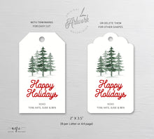 Load image into Gallery viewer, Pine Tree Woods Gift Tag Template, Holiday Printable Tag, Original Watercolor, Happy Holidays Gift Label, Fully Editable, Instant Download