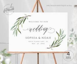 Boho Sage Greenery Wedding Welcome Sign Template, 100% Editable Olive Branch Board Sign, Willow Eucalyptus Watercolor Printable Download 008