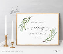 Load image into Gallery viewer, Boho Sage Greenery Wedding Welcome Sign Template, 100% Editable Olive Branch Board Sign, Willow Eucalyptus Watercolor Printable Download 008
