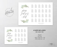 Load image into Gallery viewer, Boho Sage Greenery Seating Chart Template, Printable Horizontal Olive Wedding Bridal Sign Table Plan, Willow Eucalyptus, 100% Editable, 008