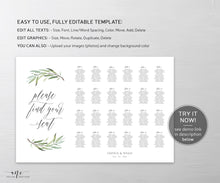 Load image into Gallery viewer, Boho Sage Greenery Seating Chart Template, Printable Horizontal Olive Wedding Bridal Sign Table Plan, Willow Eucalyptus, 100% Editable, 008