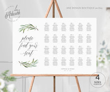 Load image into Gallery viewer, Boho Sage Greenery Seating Chart Template, Printable Horizontal Olive Wedding Bridal Sign Table Plan, Willow Eucalyptus, 100% Editable, 008