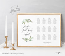 Load image into Gallery viewer, Boho Sage Greenery Seating Chart Template, Printable Horizontal Olive Wedding Bridal Sign Table Plan, Willow Eucalyptus, 100% Editable, 008