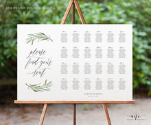 Load image into Gallery viewer, Boho Sage Greenery Seating Chart Template, Printable Horizontal Olive Wedding Bridal Sign Table Plan, Willow Eucalyptus, 100% Editable, 008