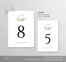 Load image into Gallery viewer, Monogram Greenery Table Number Card Template, Willow Eucalyptus Watercolor Wedding Table Card, 4x6 5x7, 100% Editable Download Printable 008