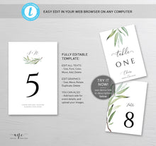 Load image into Gallery viewer, Monogram Greenery Table Number Card Template, Willow Eucalyptus Watercolor Wedding Table Card, 4x6 5x7, 100% Editable Download Printable 008

