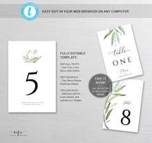 Load image into Gallery viewer, Monogram Greenery Table Number Card Template, Willow Eucalyptus Watercolor Wedding Table Card, 4x6 5x7, 100% Editable Download Printable 008