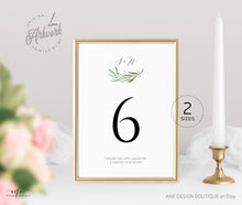 Load image into Gallery viewer, Monogram Greenery Table Number Card Template, Willow Eucalyptus Watercolor Wedding Table Card, 4x6 5x7, 100% Editable Download Printable 008