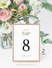 Load image into Gallery viewer, Monogram Greenery Table Number Card Template, Willow Eucalyptus Watercolor Wedding Table Card, 4x6 5x7, 100% Editable Download Printable 008
