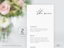 Load image into Gallery viewer, Minimalist Modern Calligraphy Wedding Menu Program Template, Minimal Simple & Stylish Dinner Menu Card, 100% Editable Printable Download 011
