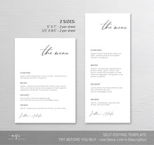 Load image into Gallery viewer, Minimalist Modern Calligraphy Wedding Menu Program Template, Minimal Simple & Stylish Dinner Menu Card, 100% Editable Printable Download 011